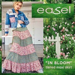 EASEL Contrast Floral Print Ruffled Trim Tiered Flowy Maxi Skirt